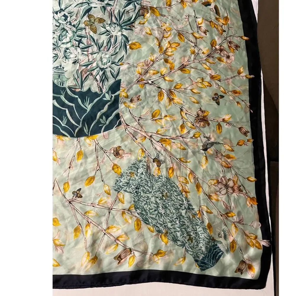 Women's Light Green Scarf 68 X‎ 36 Bird's Flowers and Planted Tree Rolled Hem